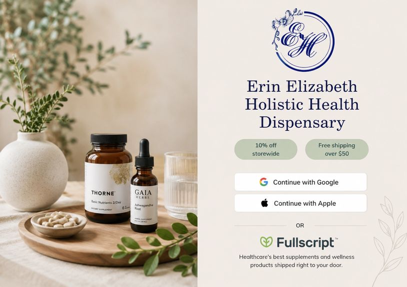 Health supplements displayed with Erin Elizabeth Holistic Health Dispensary login options.