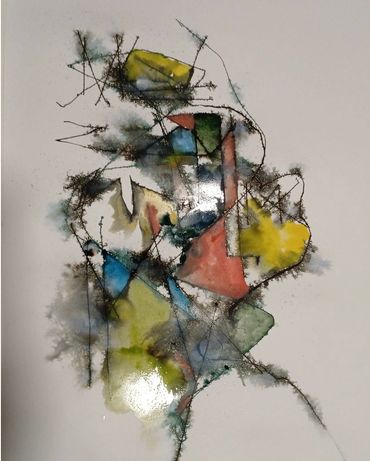 Abstract watercolor painting with geometric shapes and dark lines.