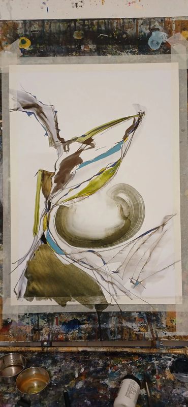 Abstract watercolor painting with earthy tones and dynamic lines on a taped canvas.