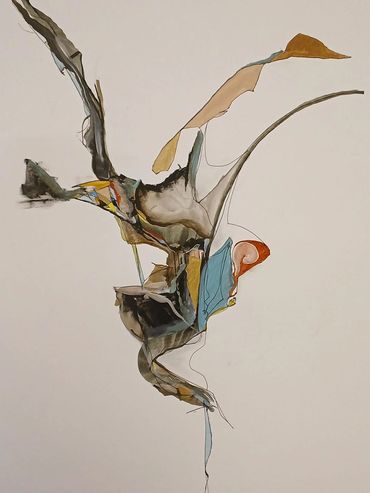 Abstract bird-like figure in muted earth tones with fluid lines and shapes.