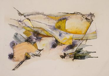 Abstract watercolor painting with yellow, blue, and black shapes on a beige background.