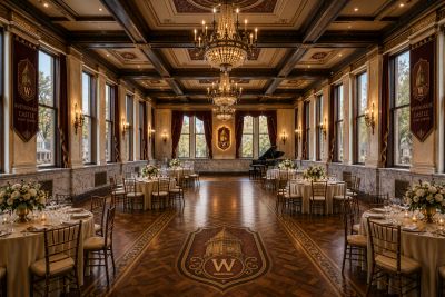Elegant banquet hall with chandeliers and piano.