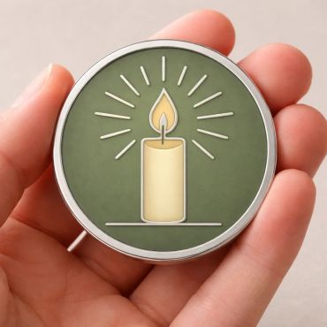 A hand holding a round pin with a candle design.
