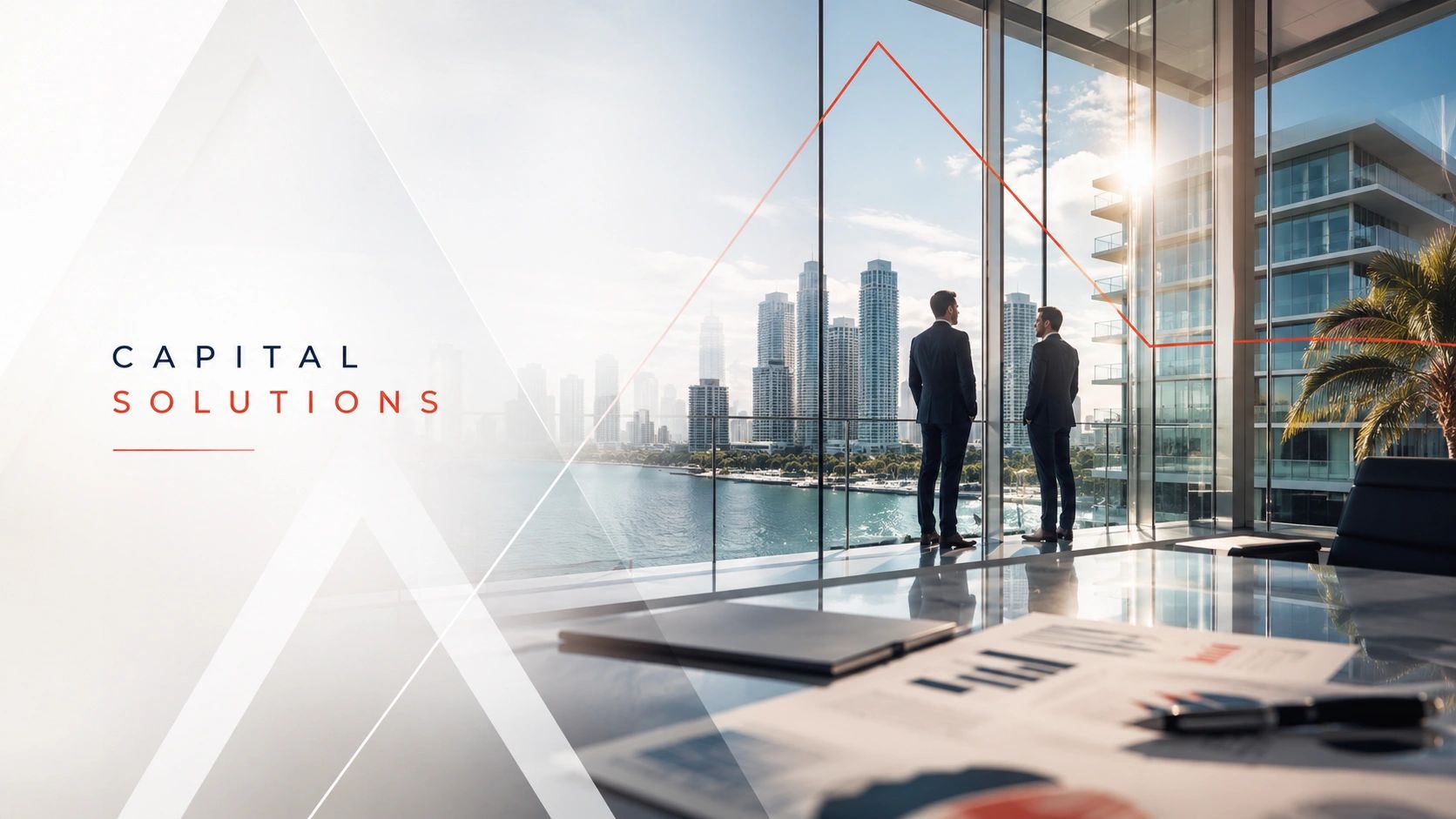 Two businessmen in a modern office overlooking city skyline.