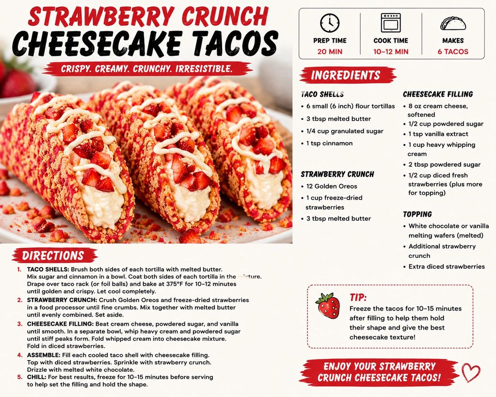 Strawberry crunch cheesecake tacos filled with creamy cheesecake and fresh strawberries.