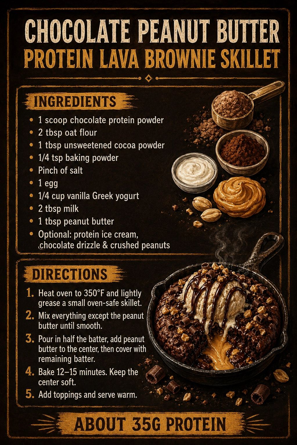 Chocolate peanut butter protein brownie skillet with a warm gooey center.