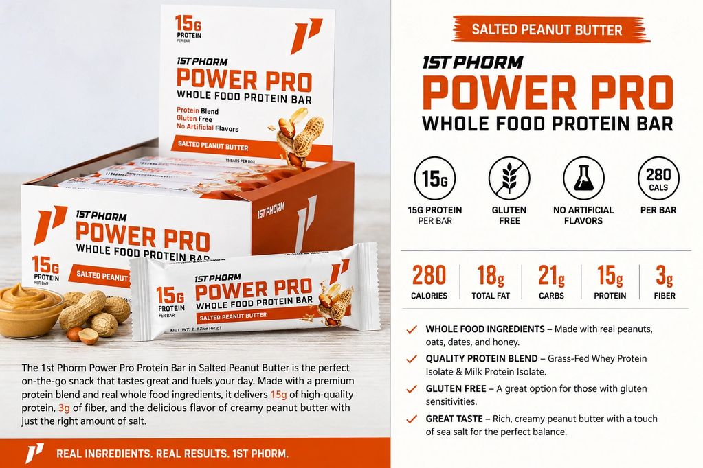1st Phorm Power Pro Salted Peanut Butter whole food protein bars with 15g of protein per bar.