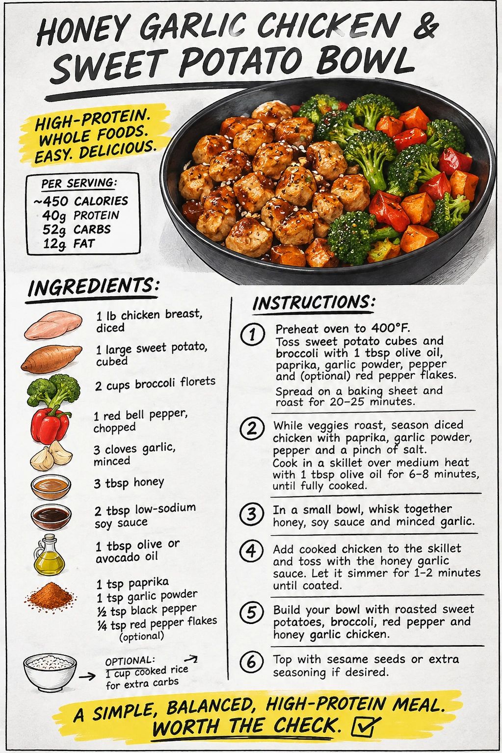 Honey Garlic Chicken Bowl with sweet potatoes, broccoli and red bell pepper.