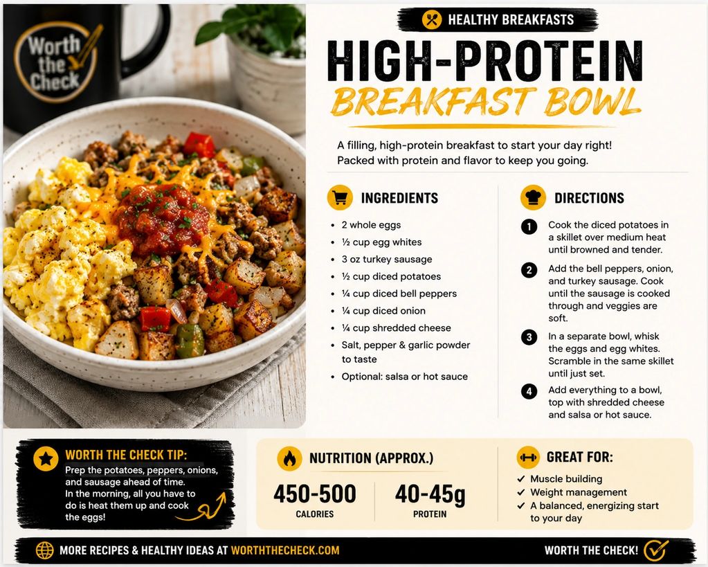 High-protein breakfast bowl with eggs, turkey sausage, potatoes and veggies.