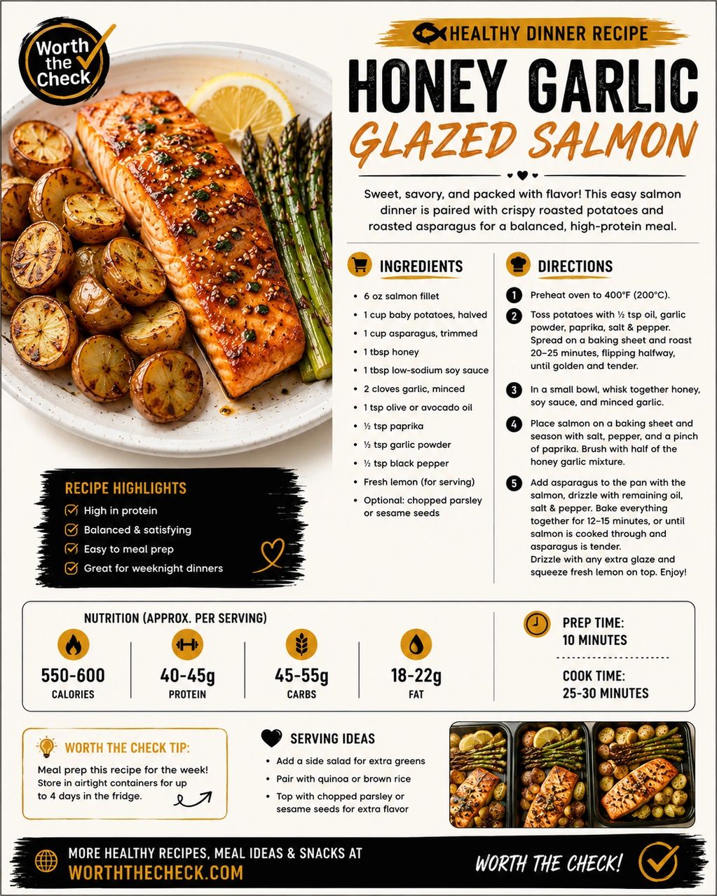Honey garlic glazed salmon with roasted potatoes and asparagus.