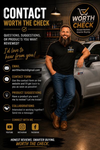 Man stands beside car promoting Worth The Check contact info.