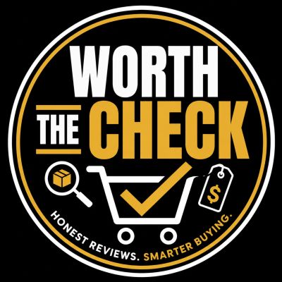 Logo with text 'Worth the Check' and a shopping cart illustration.