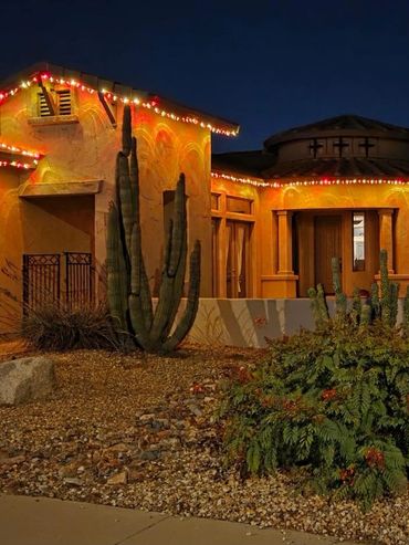 Desert-style house with cacti and festive string lights at night.