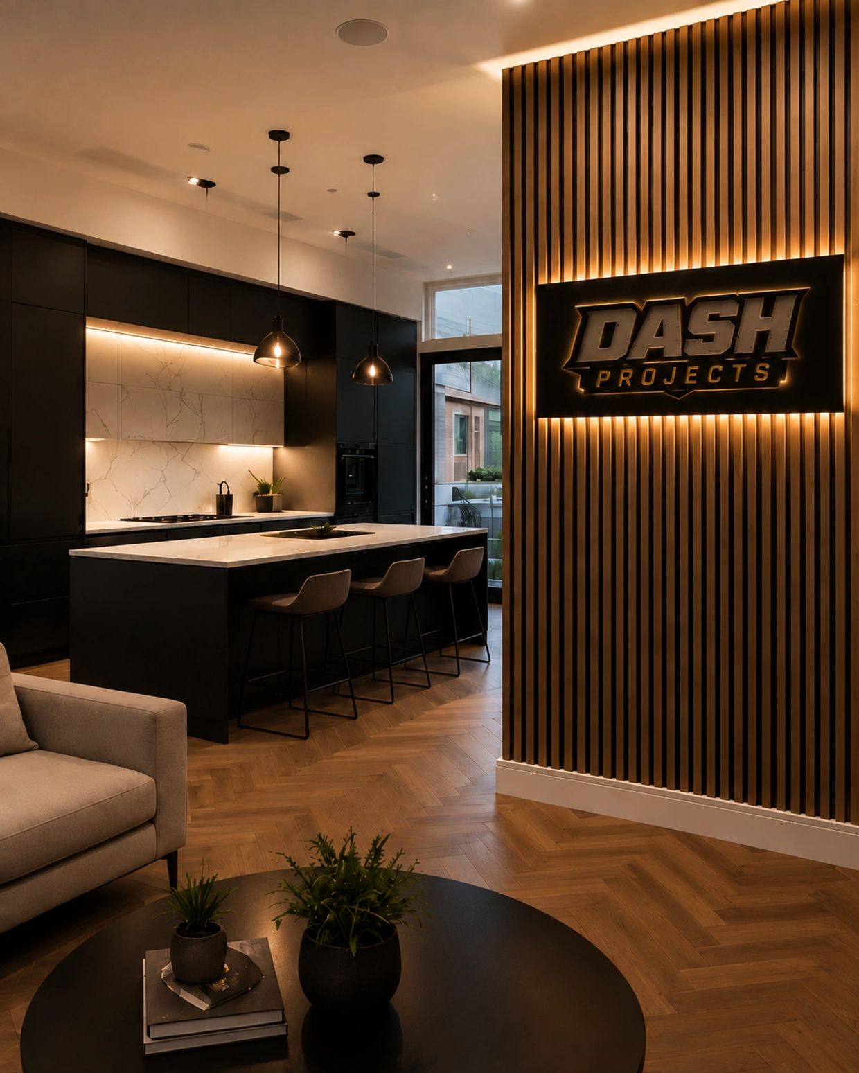Modern kitchen and living area with illuminated DASH Projects sign.