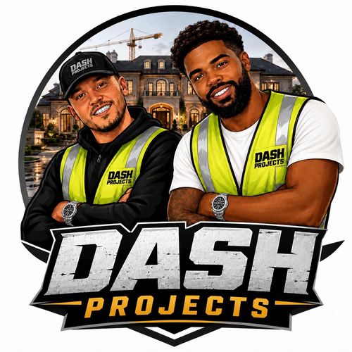 Two smiling men in safety vests with 'Dash Projects' logo.