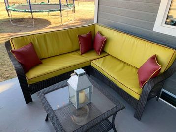 Refurbished patio bench done by Kimbers Creations.