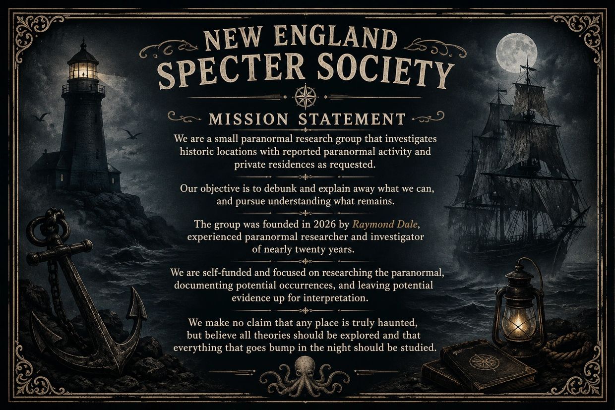 New England Specter Society mission statement with eerie lighthouse and ship.