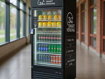 A smart vending machine stocked with beverages and fruits in a hallway.