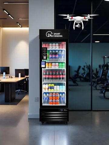 A smart 24-hour vending machine stocked with beverages in a modern office space.