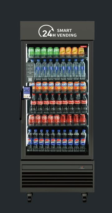 A 24-hour smart vending machine filled with various soda bottles.