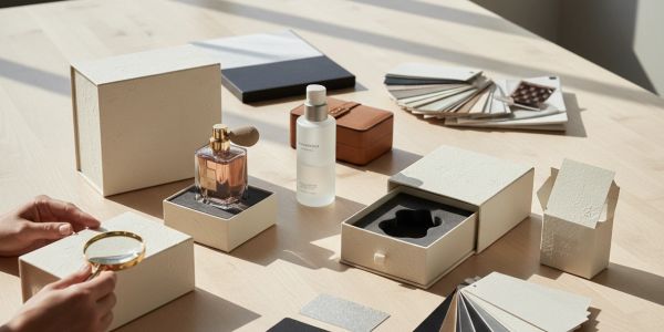 Hands inspecting perfume packaging with magnifying glass on wooden table.