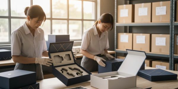 Two women packing items in boxes in a warehouse.