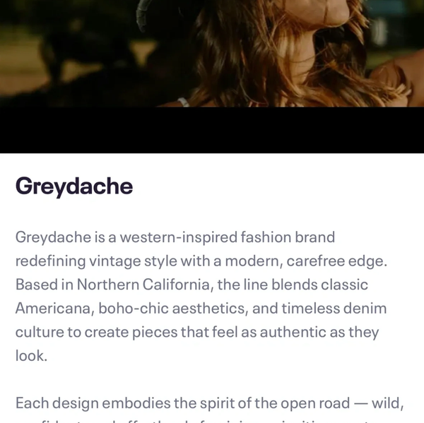 Smiling woman in a hat with Greydache fashion brand description.