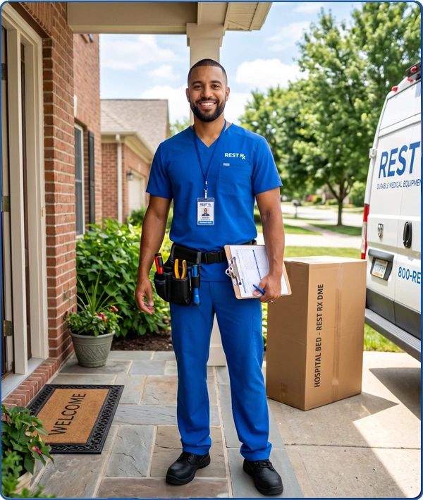 Smiling medical equipment technician in blue scrubs stands at a home entrance with tools and clipboard.