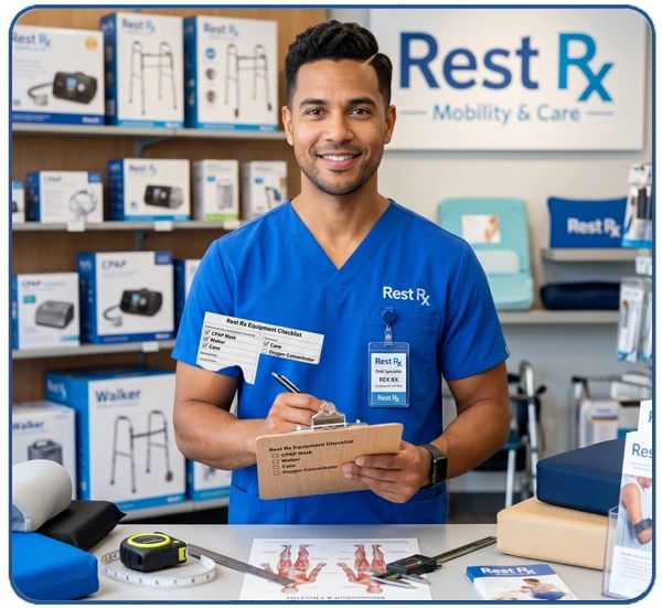 A healthcare professional in blue scrubs at a medical equipment store.