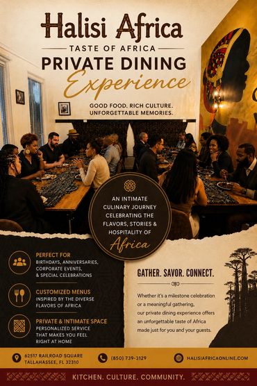 Guests are seated at a private dinner enjoying a taste of Africa.