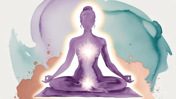Abstract purple figure meditating with radiant light at heart and base chakras.