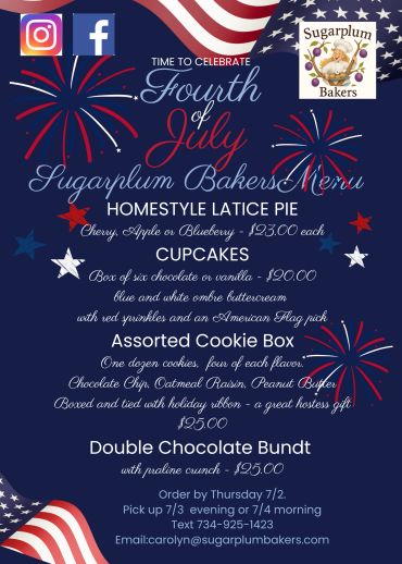 Fourth of July menu from Sugarplum Bakers with pies, cupcakes, cookies, and chocolate bundt.