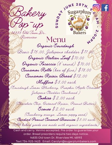 Bakery pop-up menu with organic sourdough and baked goods.
