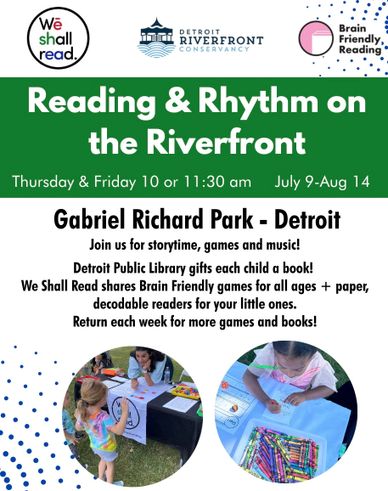 Reading & Rhythm on the Riverfront event with storytime, games, and music for kids at Gabriel Richard Park, Detroit.