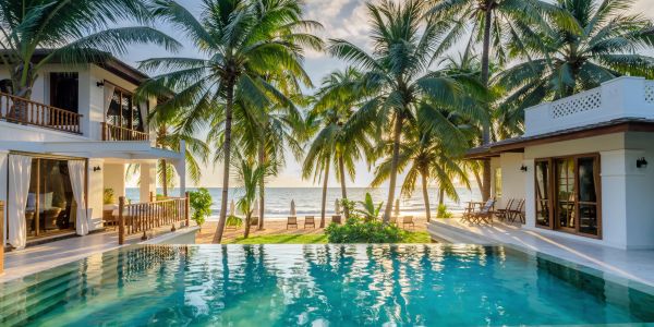 Luxurious tropical villa with a pool overlooking the ocean at sunset.