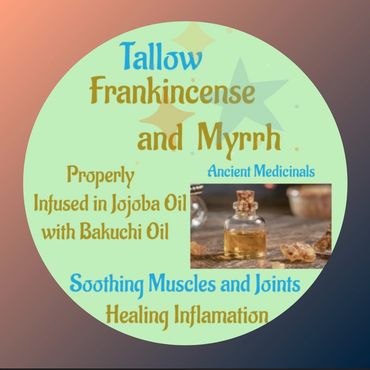 Tallow, Frankincense, and Myrrh infused in oils for soothing muscles and healing inflammation.