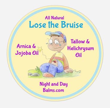 Label for all-natural bruise remedy with arnica, jojoba, tallow, and helichrysum oils.