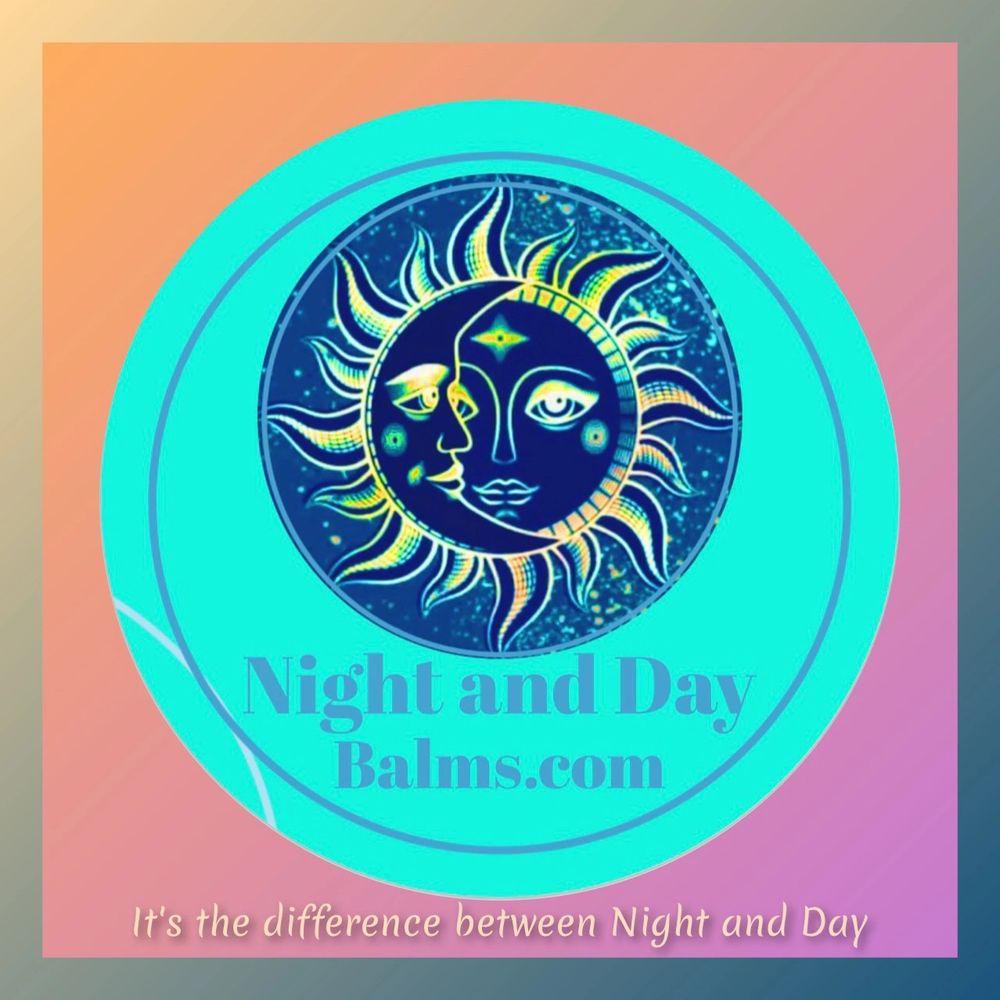 Logo with sun and moon faces and text Night and Day Balms.com.