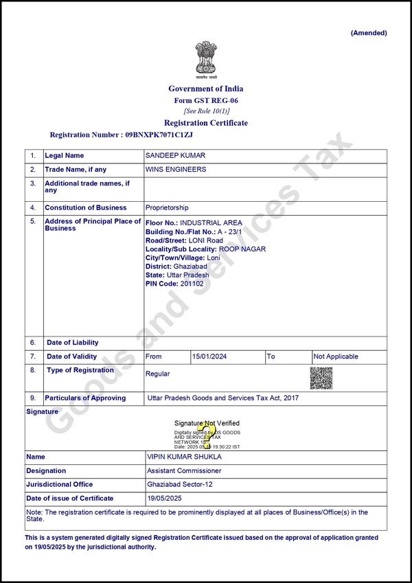 Government of India GST registration certificate for Sandeep Kumar's WINS ENGINEERS.
