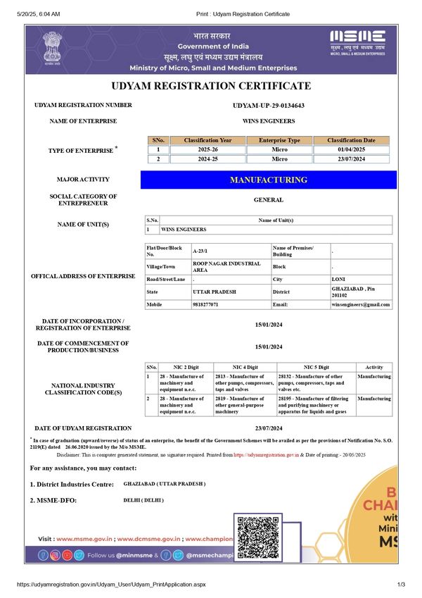 Udyam registration certificate for Wins Engineers, a micro manufacturing enterprise in Uttar Pradesh.