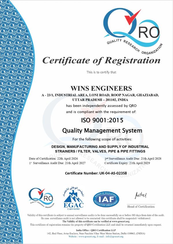 ISO 9001:2015 Quality Management System certificate for Wins Engineers.