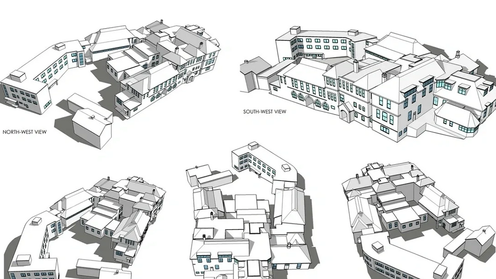 3D views of the existing healthcare buildings on the site