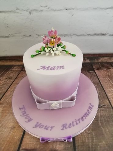 Lilac Retirement cake with freesias