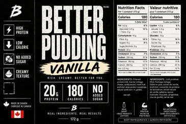 Vanilla flavored high-protein pudding with no added sugar and 180 calories.