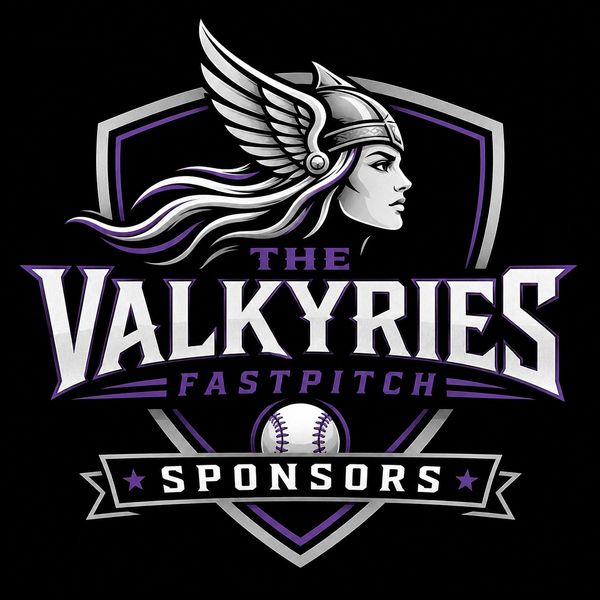 Logo of The Valkyries Fastpitch with a winged helmet figure and baseball theme.