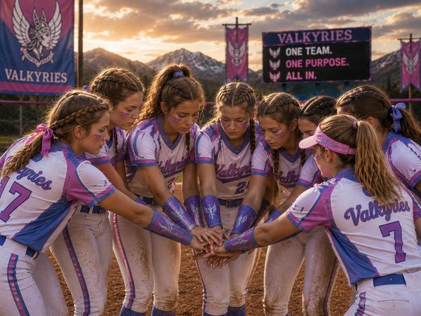A girls' softball team huddles together in unity before a game at sunset.
