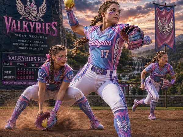 Three female softball players in Valkyries uniforms in action on the field at sunset.