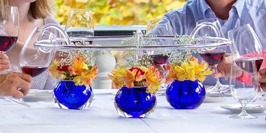 Blue Immersion glass Wine Chime table centerpiece. Family Gathering Toasting Bar holiday tabletop