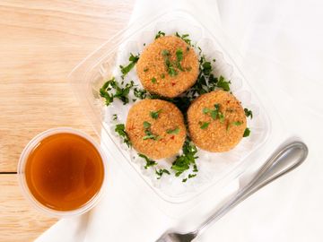 chickpea balls with red pepper paste dip