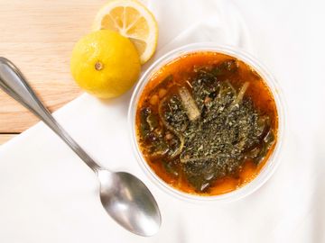 hot, gluten-free, vegan Swiss chard soup with lemon